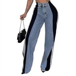 High-Waist Two-Tone Blue and Black Panel Jeans